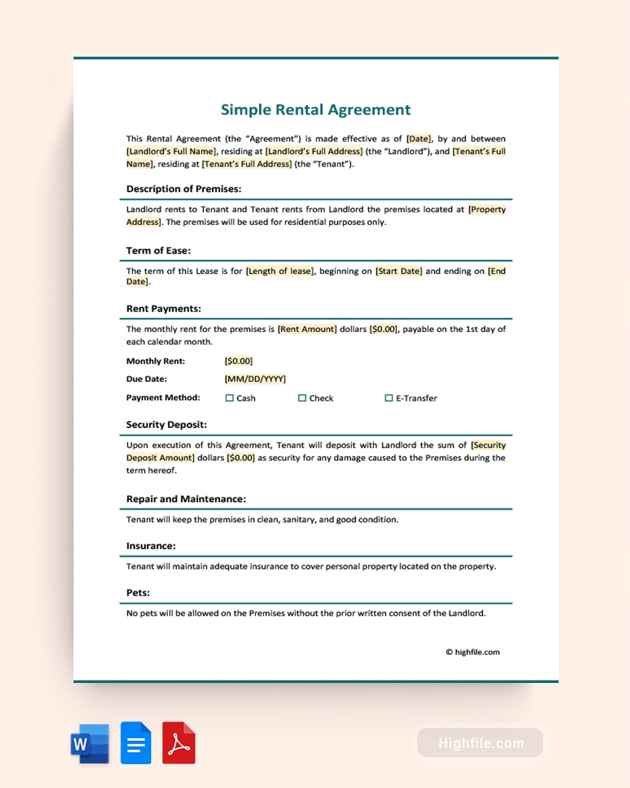 Simple Rental Agreement Word PDF Google Docs Highfile simple-rental-agreement-word-pdf-google-docs-highfile