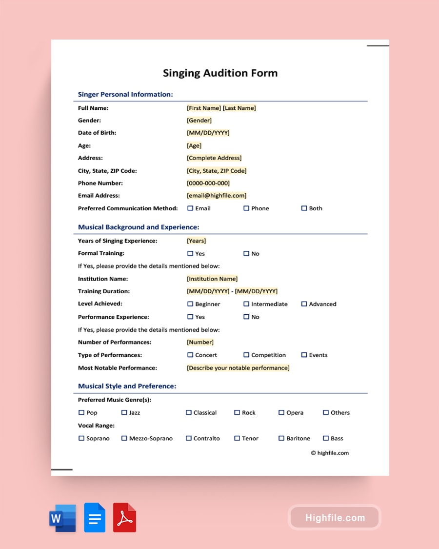 Free Audition Forms Templates Highfile Free Audition Forms Templates Highfile