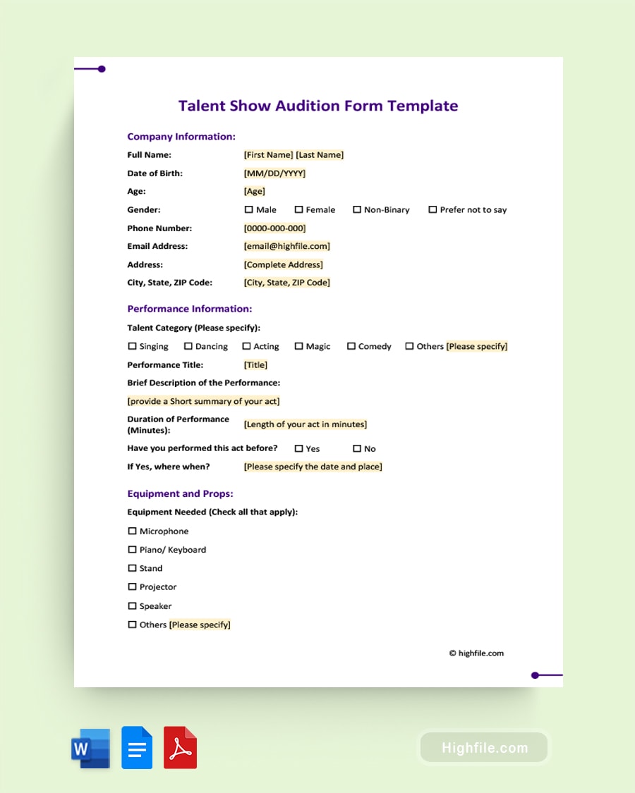Free Audition Forms Templates Highfile Free Audition Forms Templates Highfile