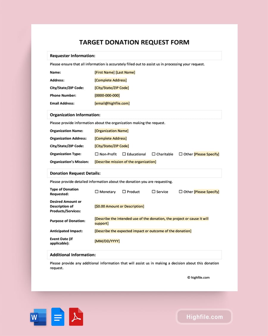 Target Donation Request Form Word PDF Google Docs Highfile