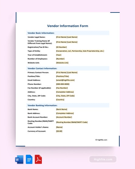 New Vendor Setup Form - Word | PDF | Google Docs - Highfile