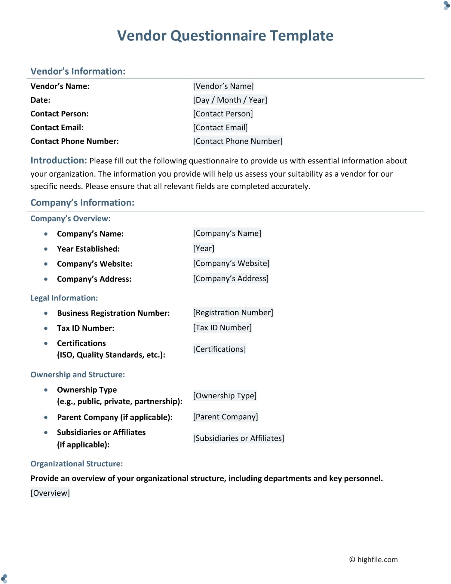 Vendor Questionnaire Template Word PDF Google Docs Highfile