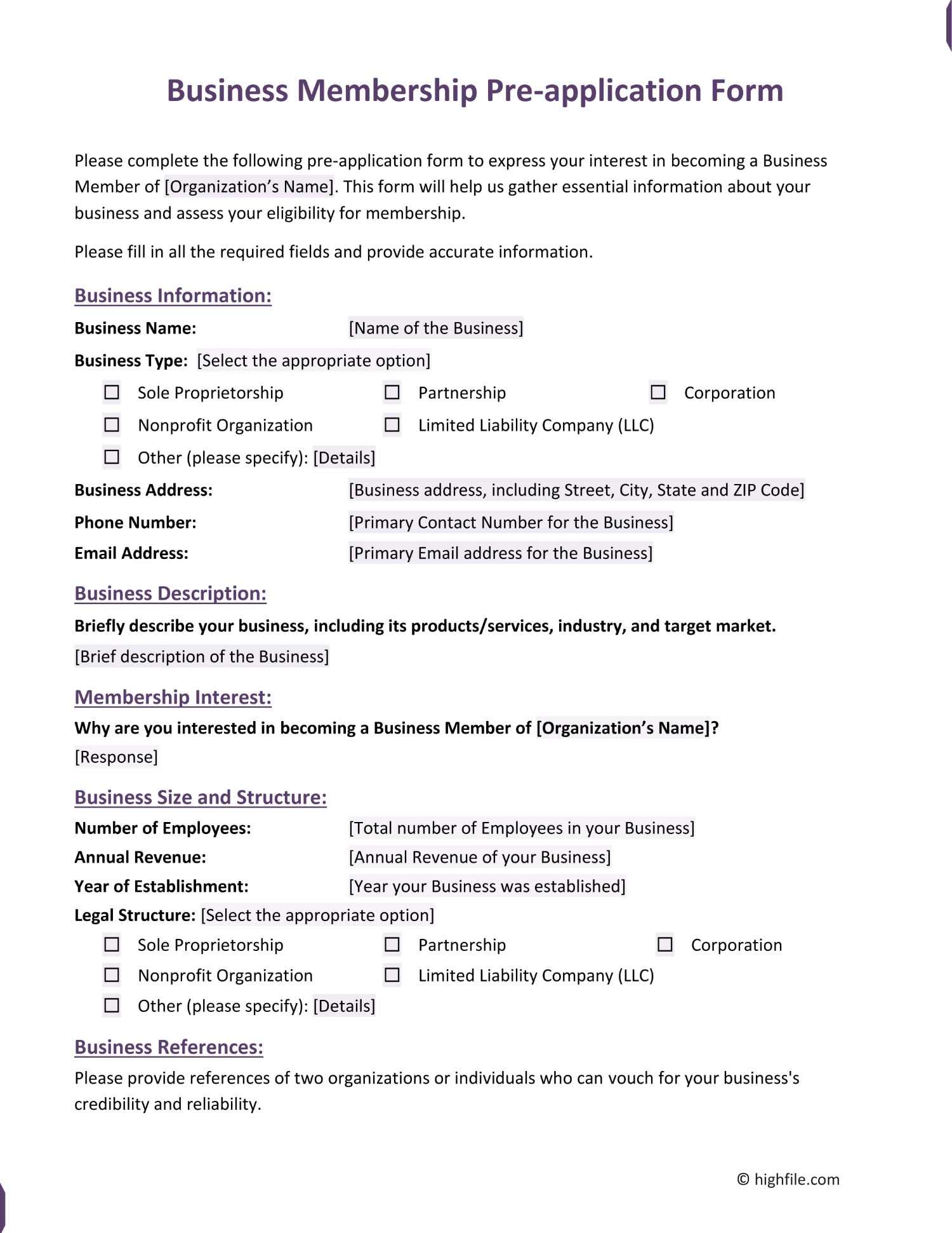 Business Membership Pre-Application Form - Google Docs, Word, PDF