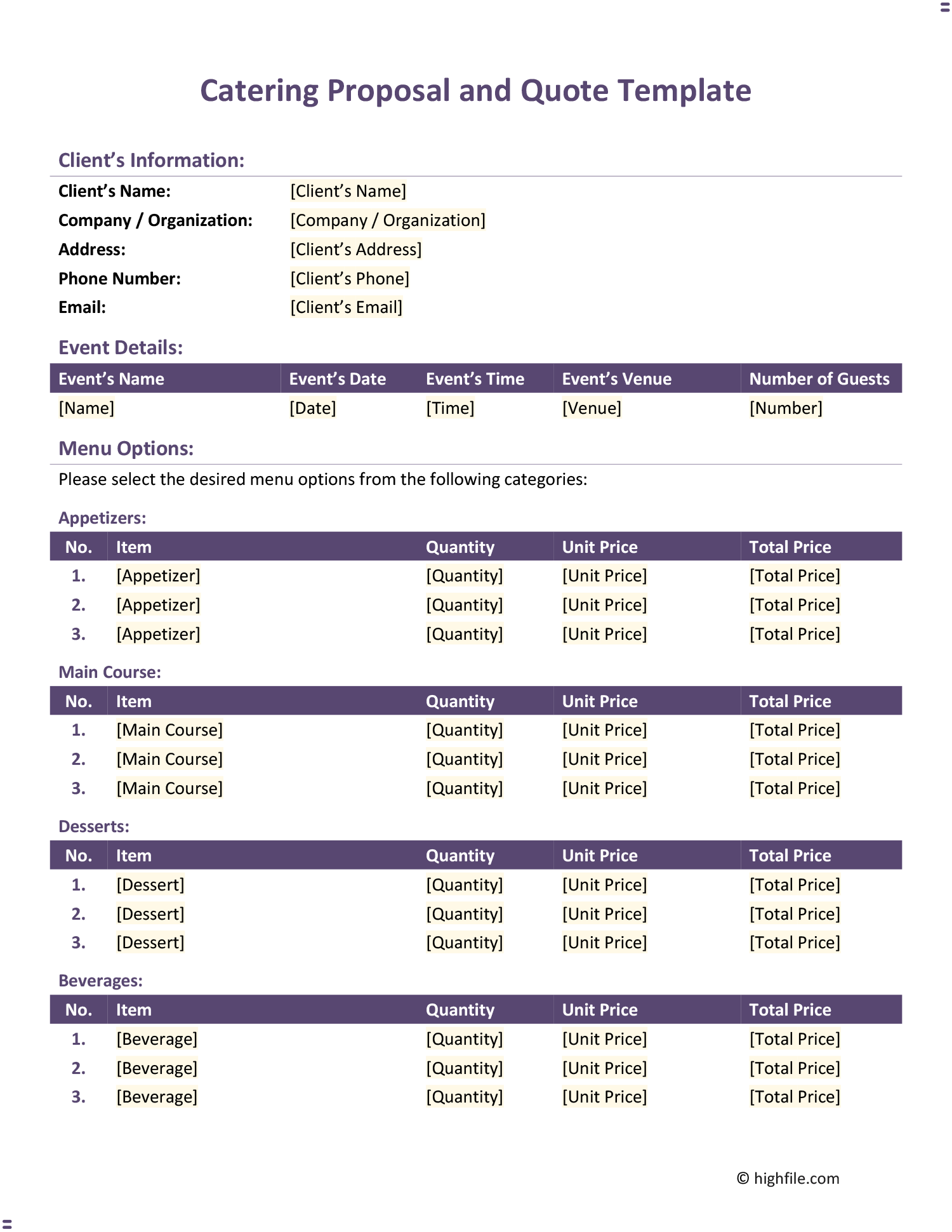 Catering Quote Form Template Word PDF Google Docs Highfile Catering Quote Form Template Word PDF Google Docs Highfile