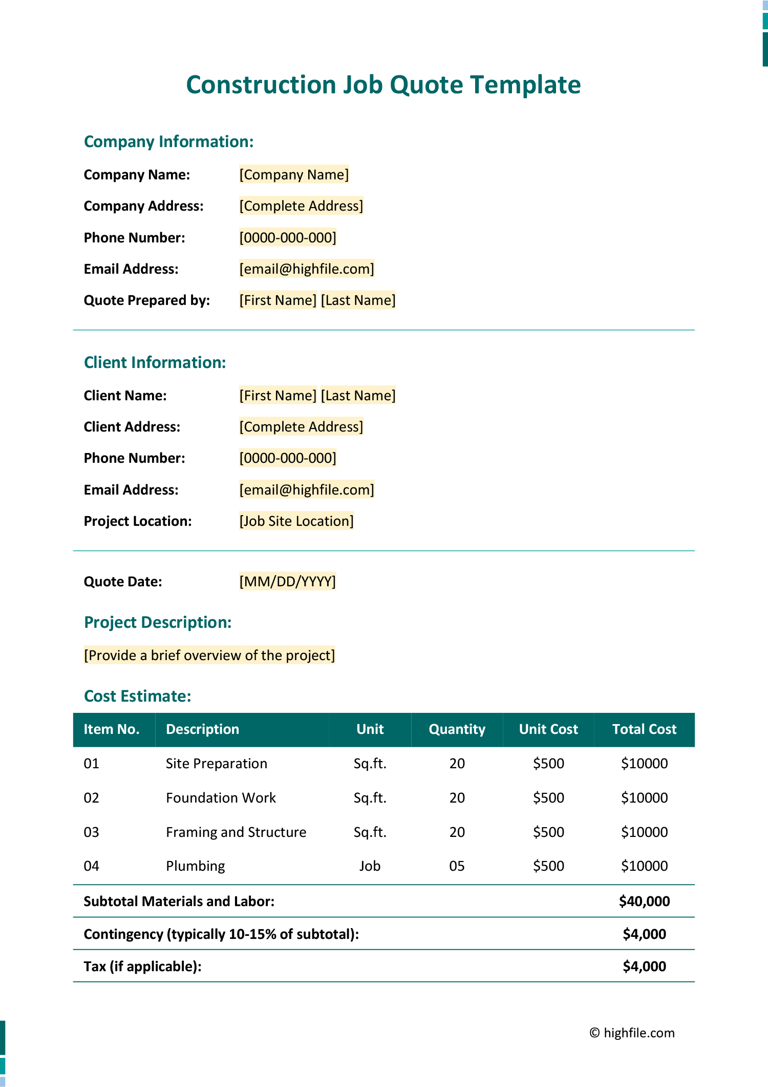 Construction Job Quote Template - Word, Google Docs, PDF