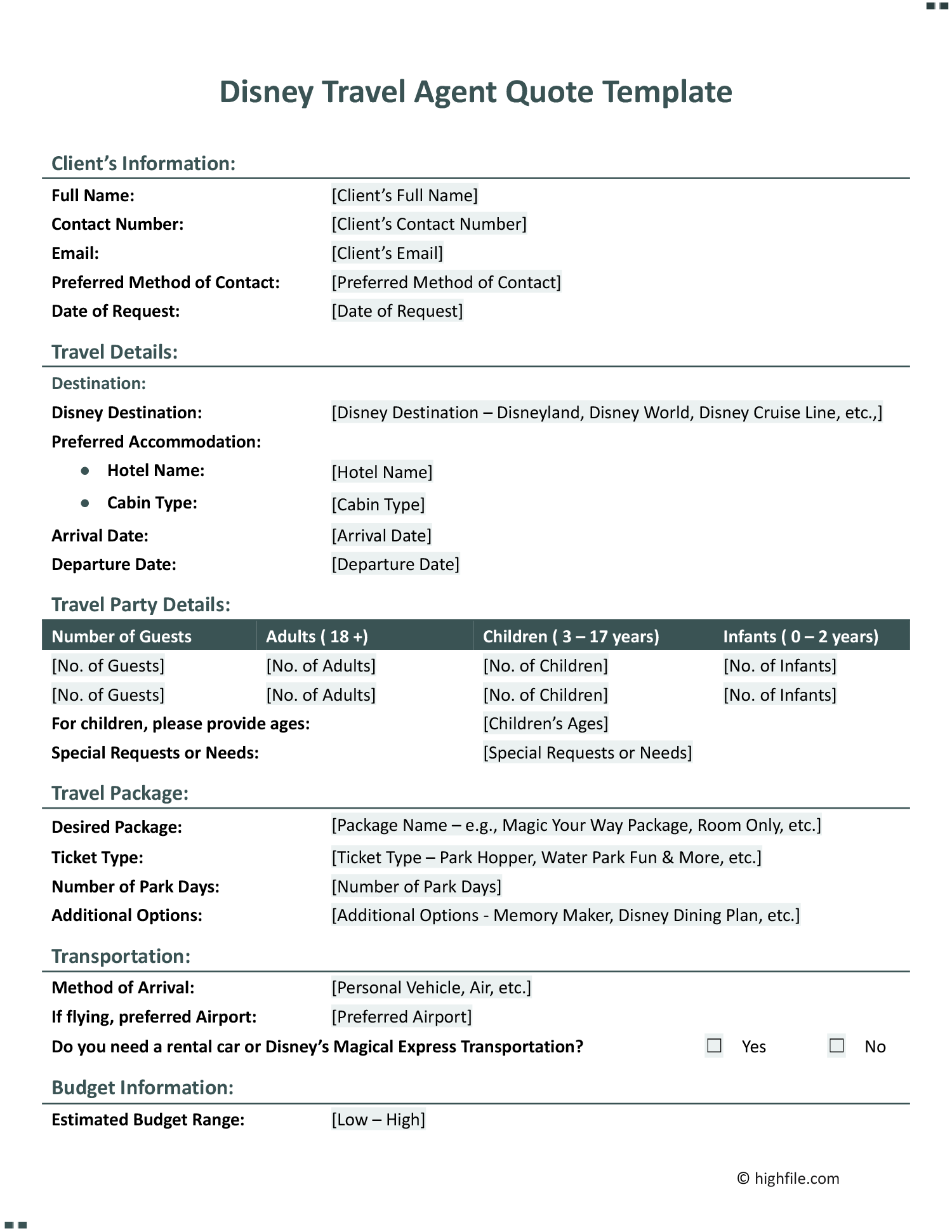 Disney Travel Agent Quote Template Word PDF Google Docs Highfile