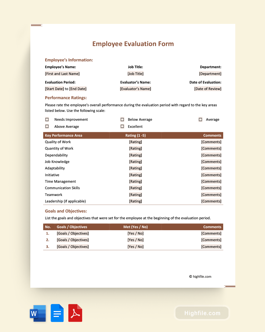 Employee Evaluation Form Word PDF Google Docs Highfile Employee Evaluation Form Word PDF Google Docs Highfile