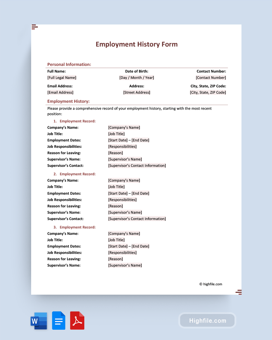 Employment History Form Word PDF Google Docs Highfile Employment History Form Word PDF Google Docs Highfile