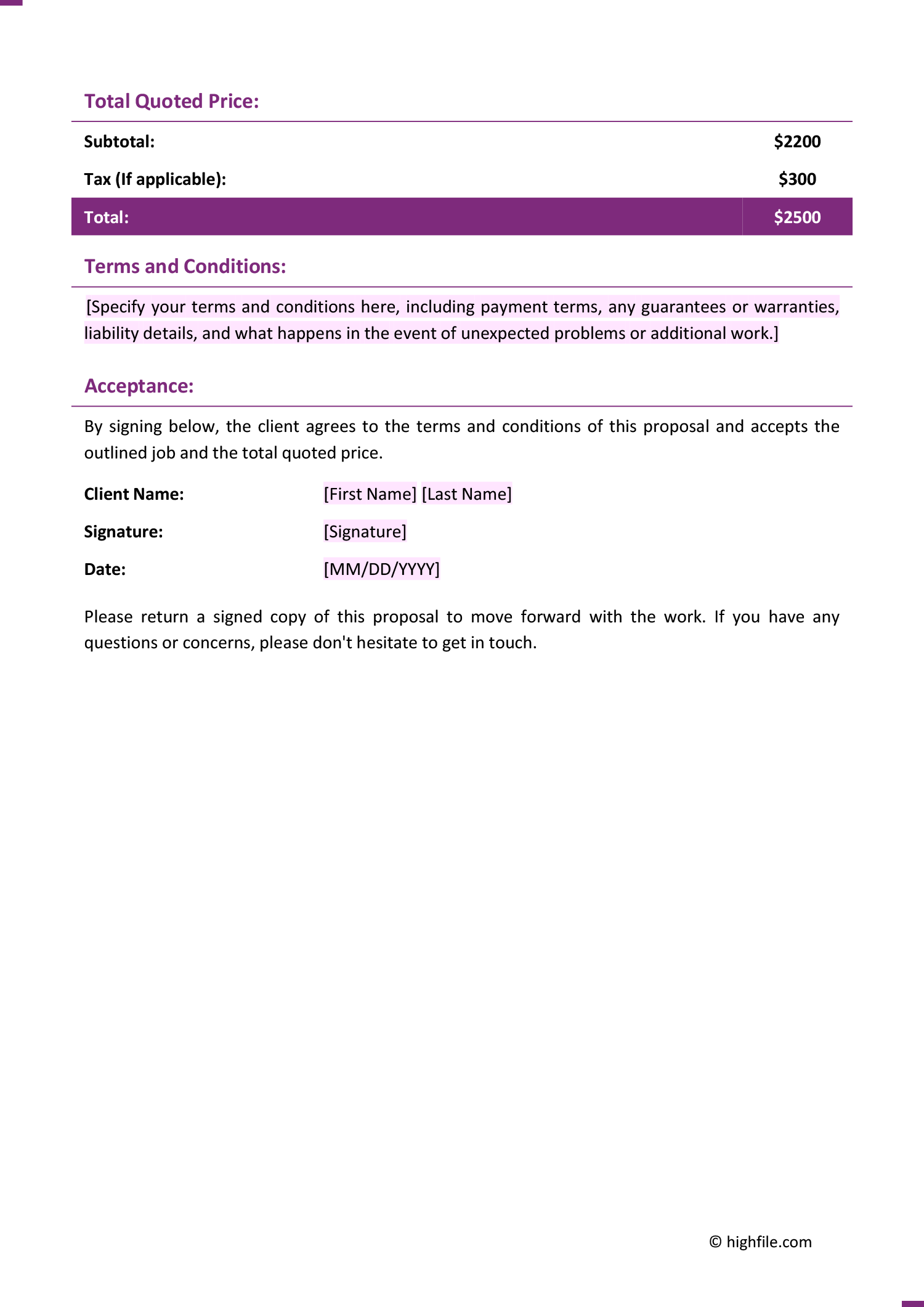 Handyman Proposal and Quote Template - Page 02 - Word, Google Docs, PDF