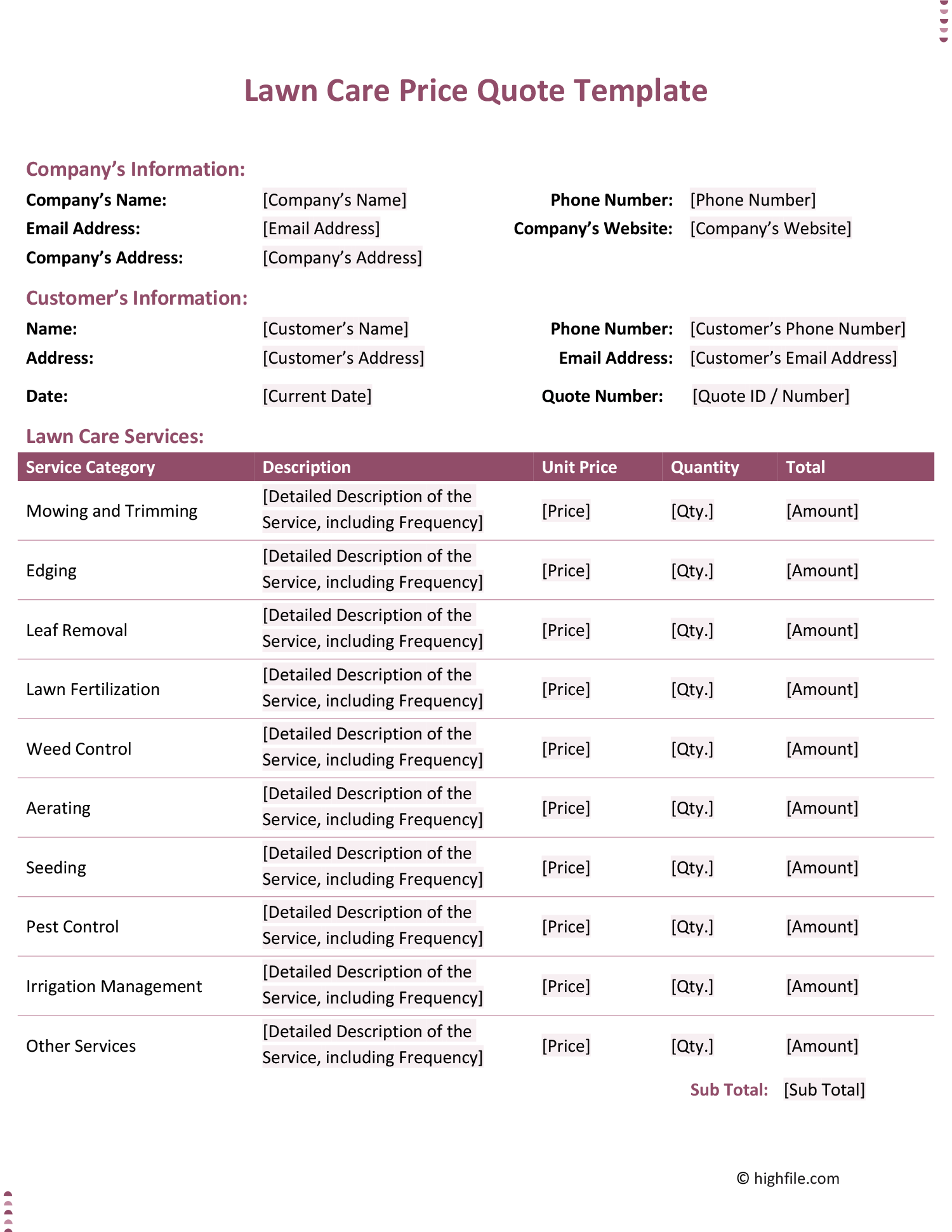 Lawn Care Price Quote Template - Word, Google Docs, PDF