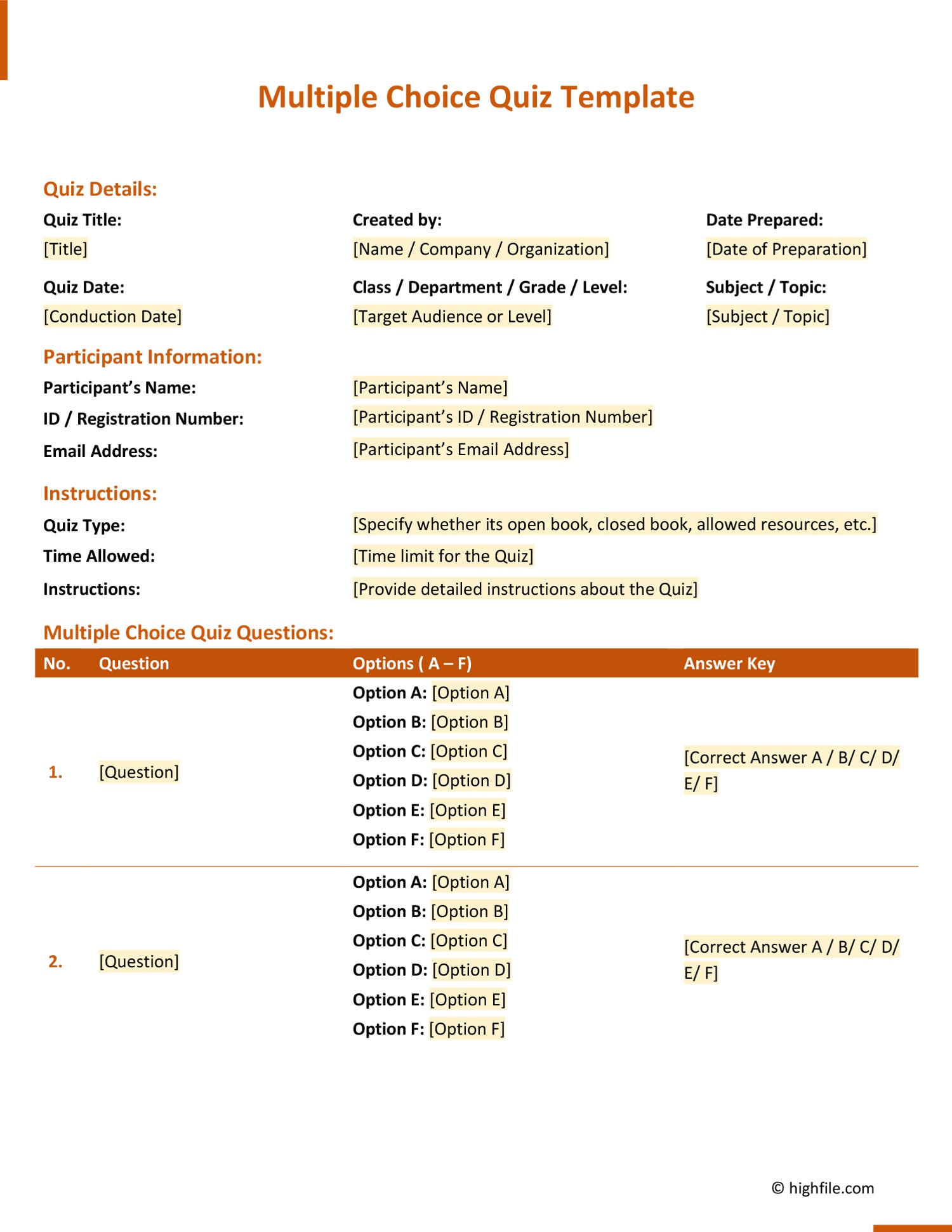 Multiple Choice Quiz Template (Editable Form) Highfile Multiple Choice Quiz Template (Editable Form) Highfile