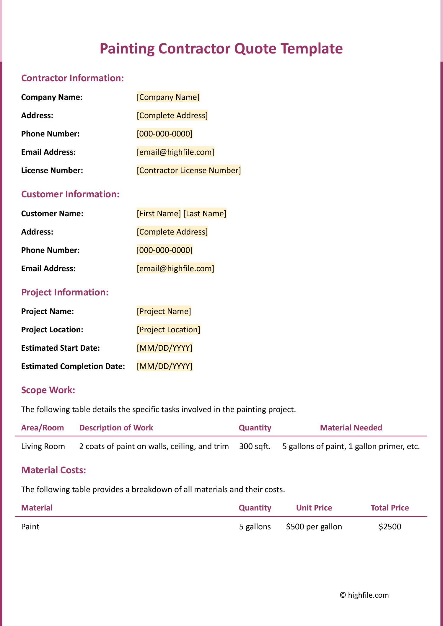 Painting Contractor Quote Template - Word, Google Docs, PDF