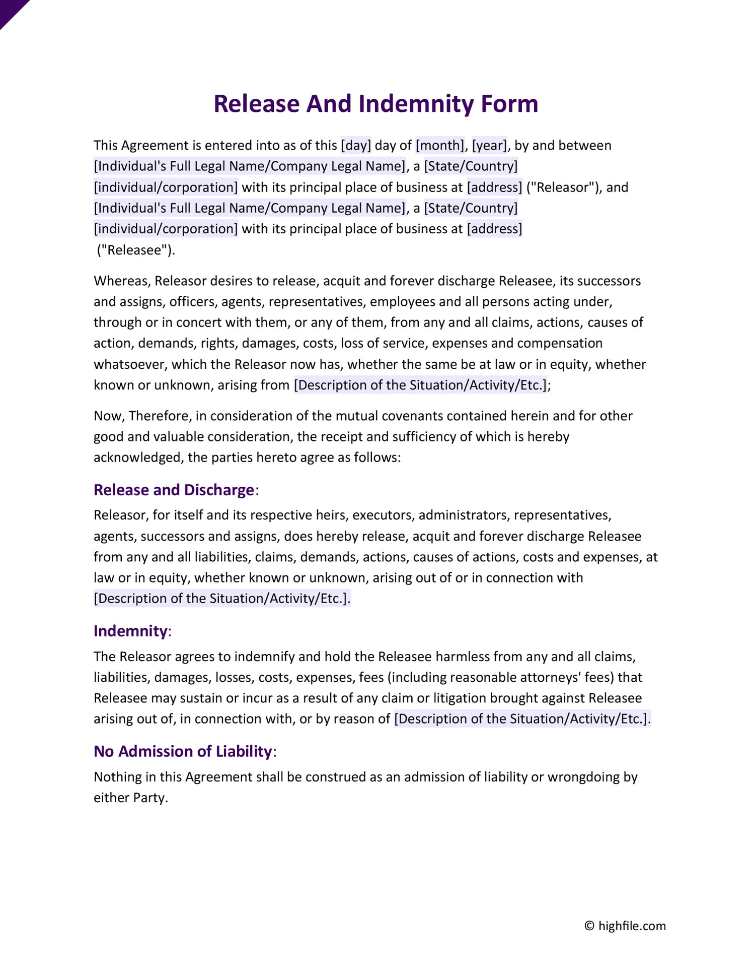Release And Indemnity Form Word PDF Google Docs Highfile release-and-indemnity-form-word-pdf-google-docs-highfile