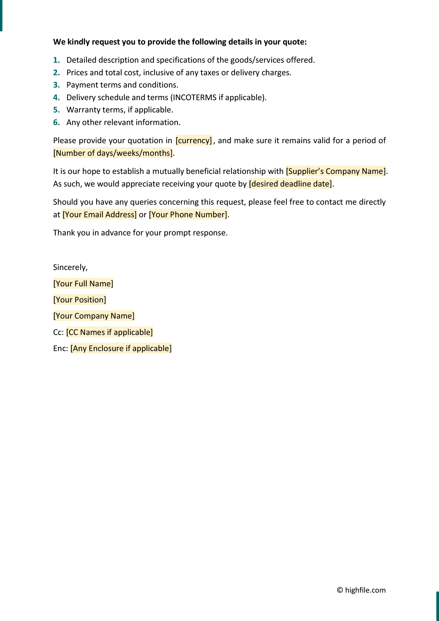 Request for Quote Letter Template - Page 02 - Word, Google Docs, PDF