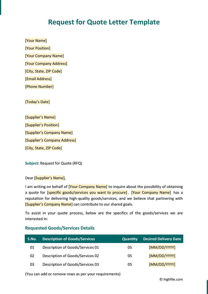 Free Customizable Quote Templates - Highfile