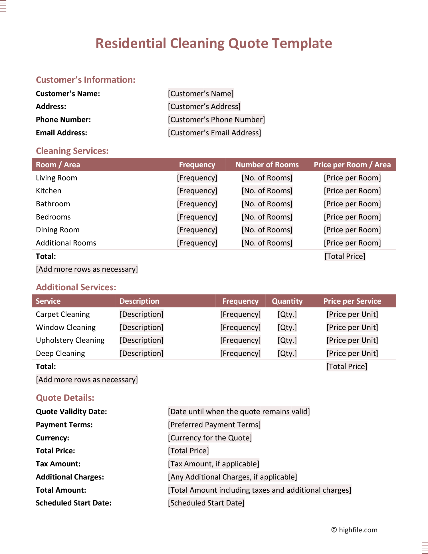 Residential Cleaning Quote Template Word PDF Google Docs Highfile