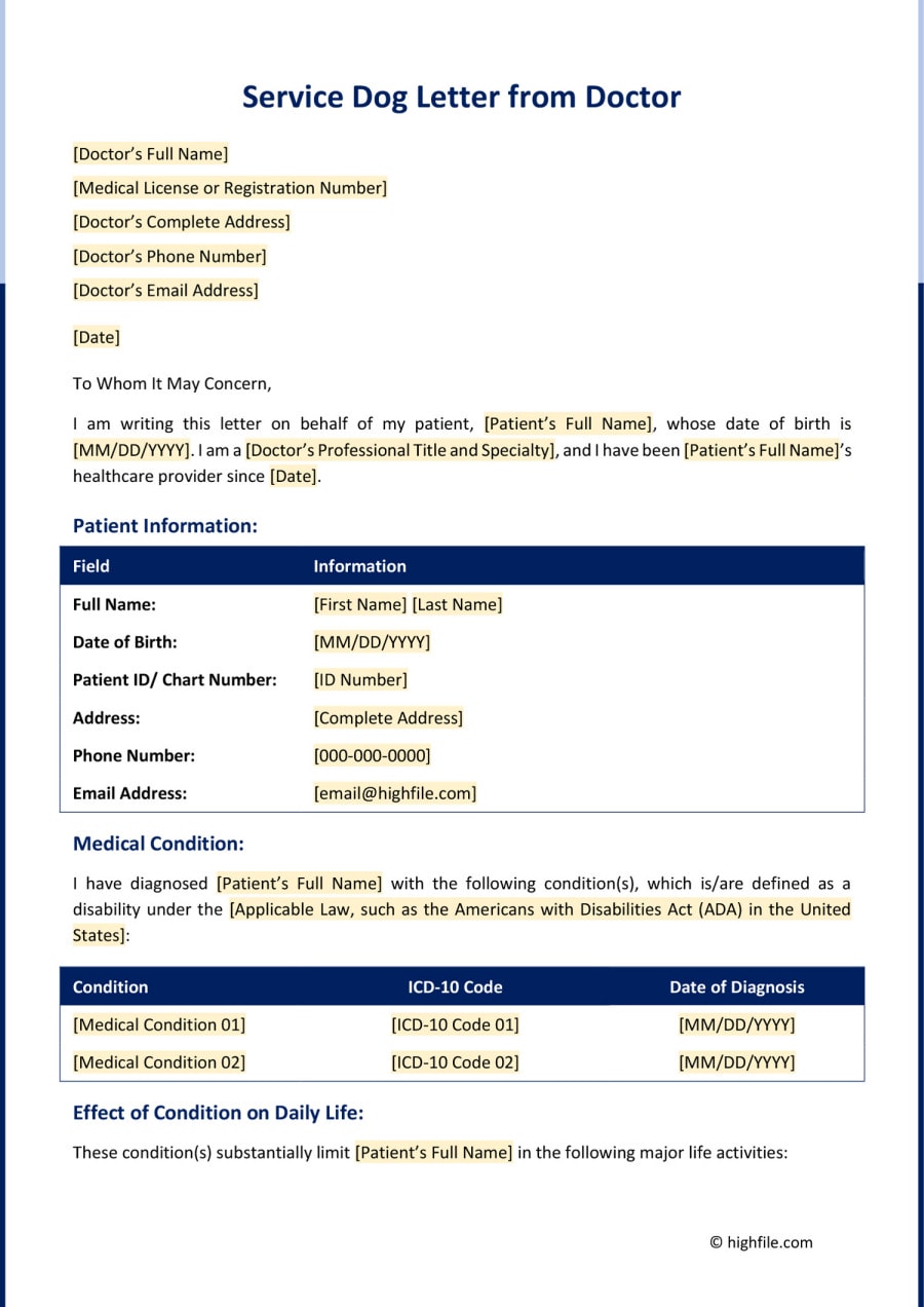 Service Dog Letter Templates & Examples - Highfile