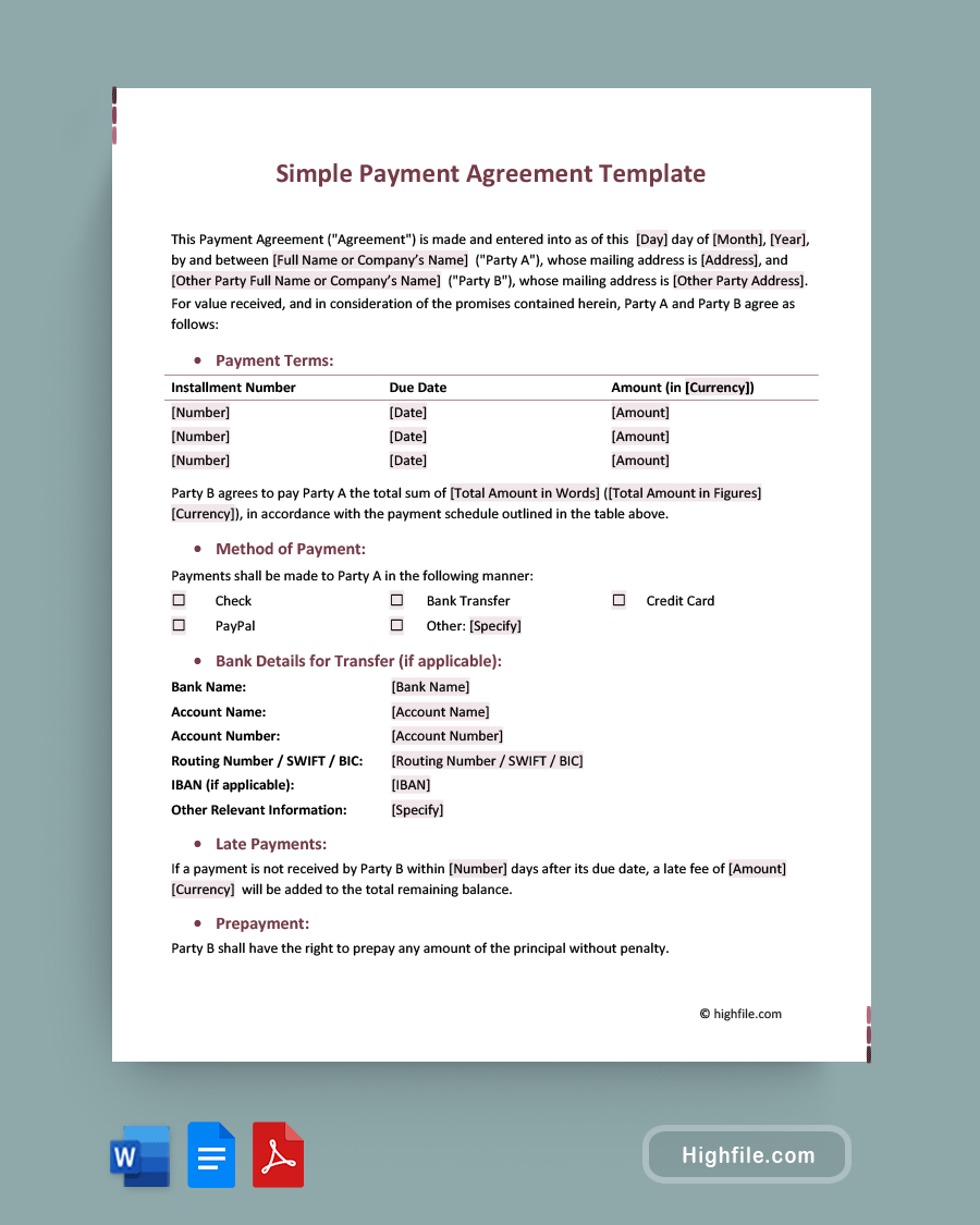 Simple Payment Agreement Template Word PDF Google Docs Highfile Simple Payment Agreement Template Word PDF Google Docs Highfile