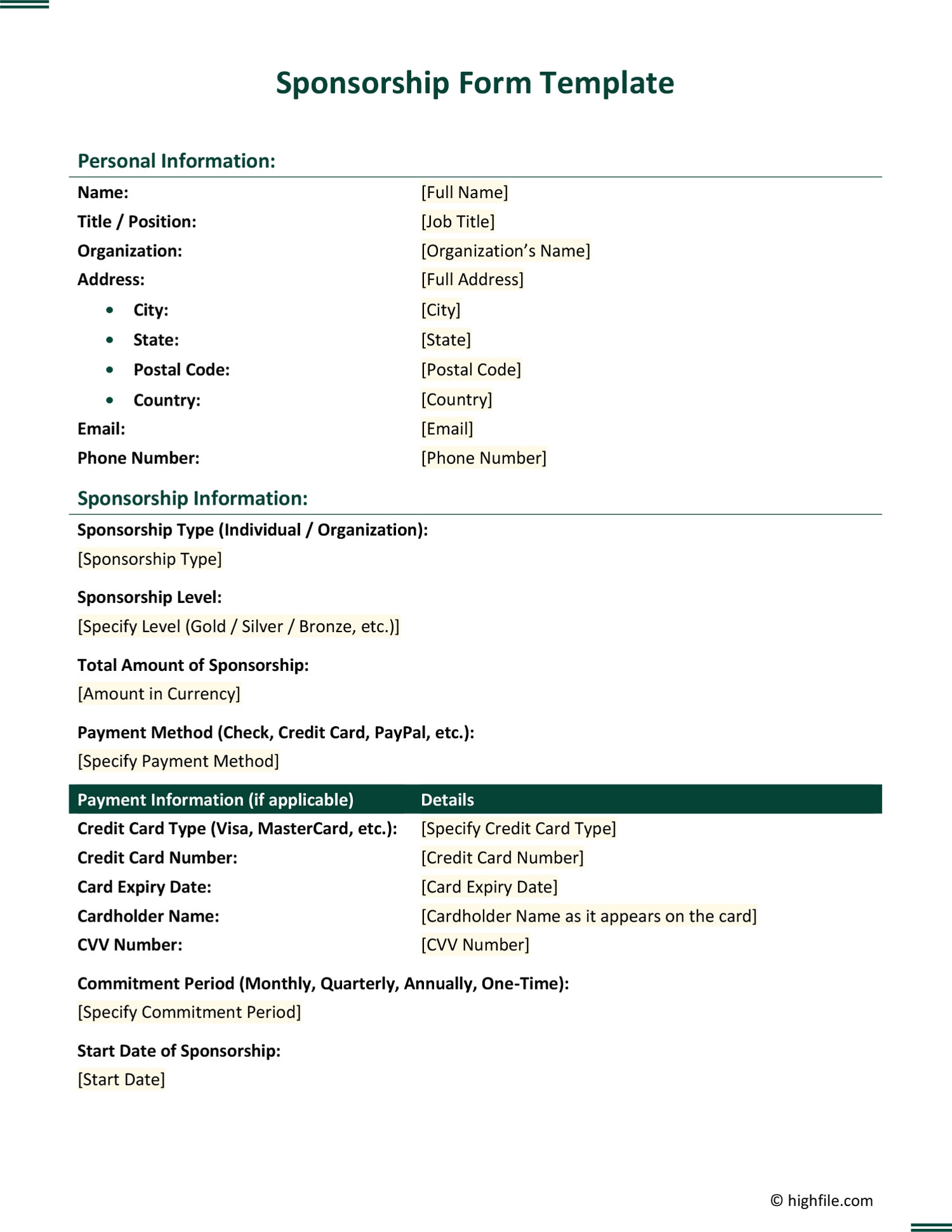 Sponsorship Form Template Word PDF Google Docs Highfile Sponsorship Form Template Word PDF Google Docs Highfile