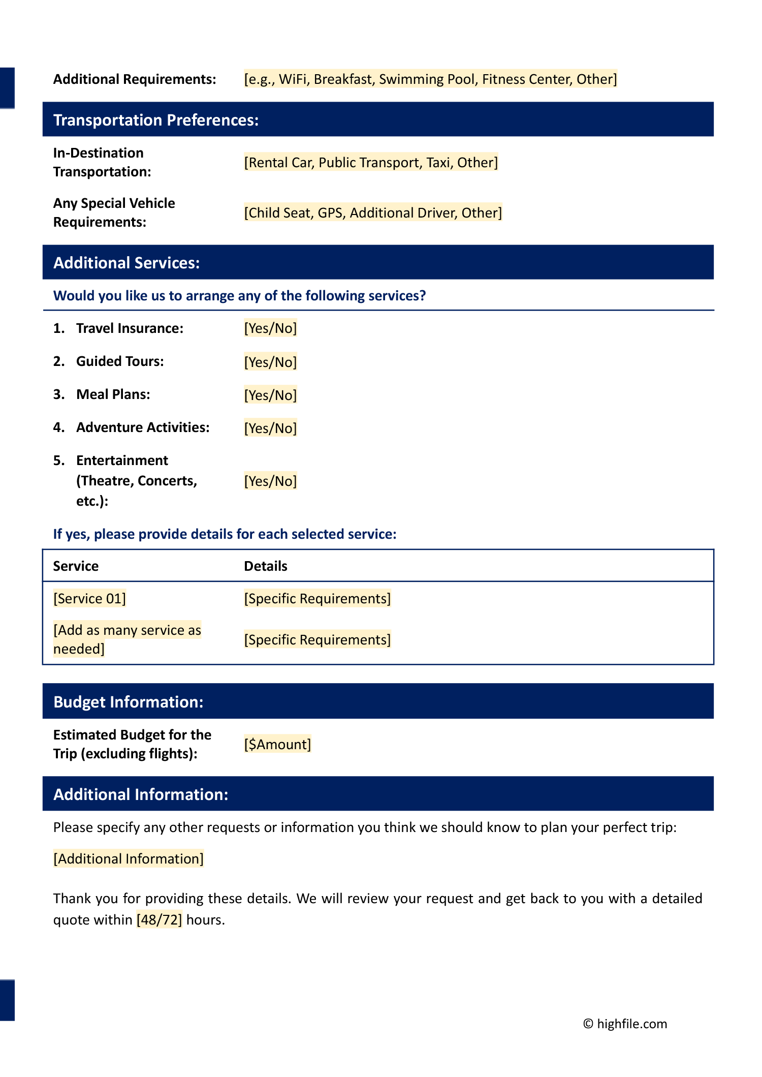 Travel Agency Quote Form Template - Page 02 - Word, Google Docs, PDF
