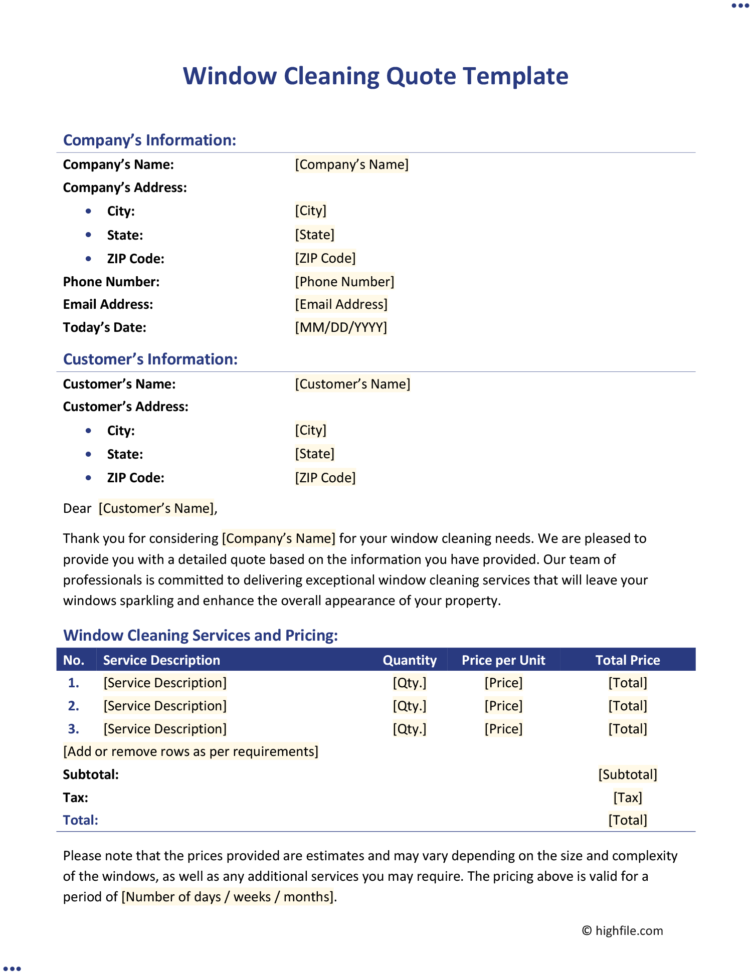 Residential Cleaning Quote Template Word PDF Google Docs Highfile Residential Cleaning Quote Template Word PDF Google Docs Highfile