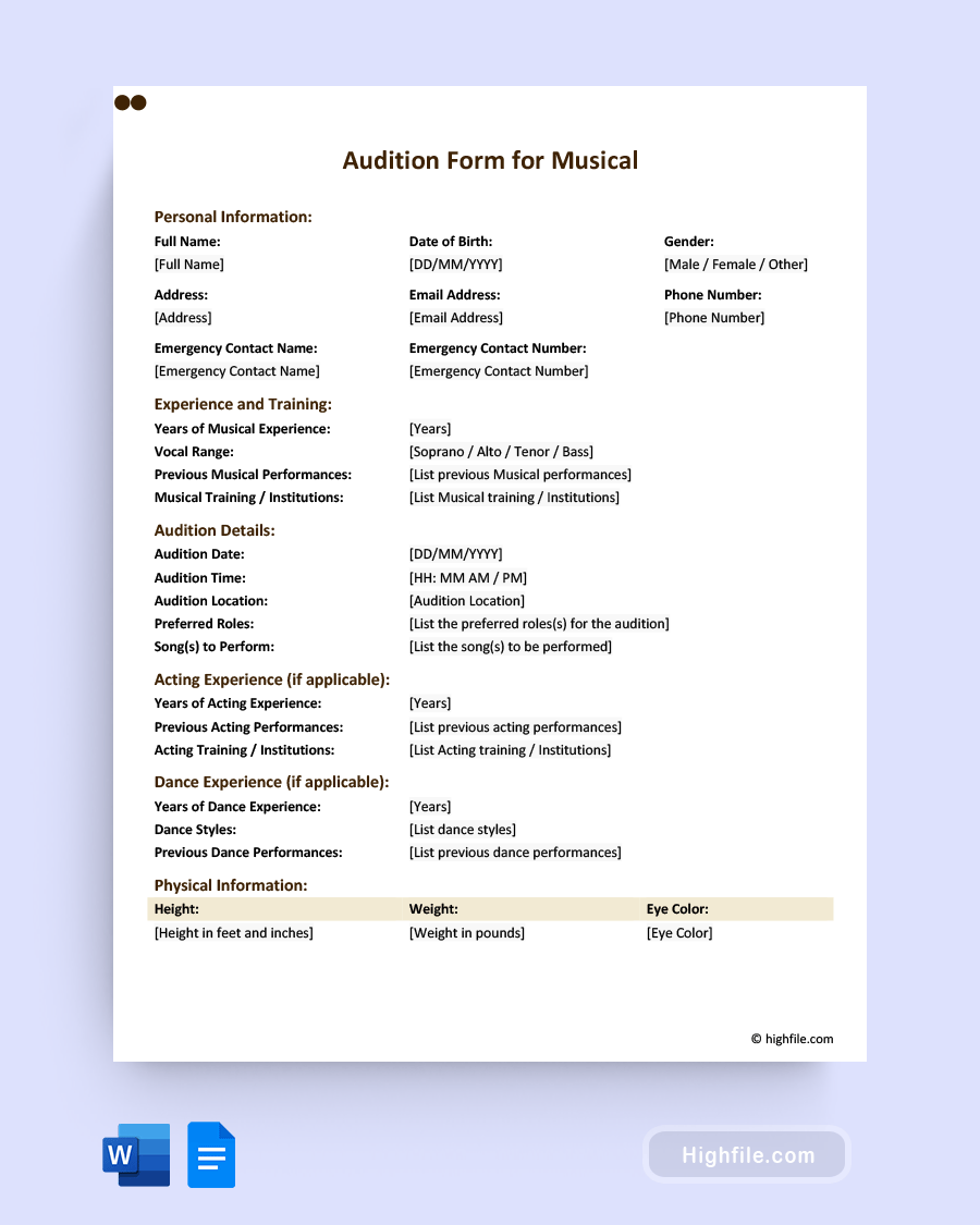 Audition Form Template Word PDF Google Docs Highfile Audition Form Template Word PDF Google Docs Highfile