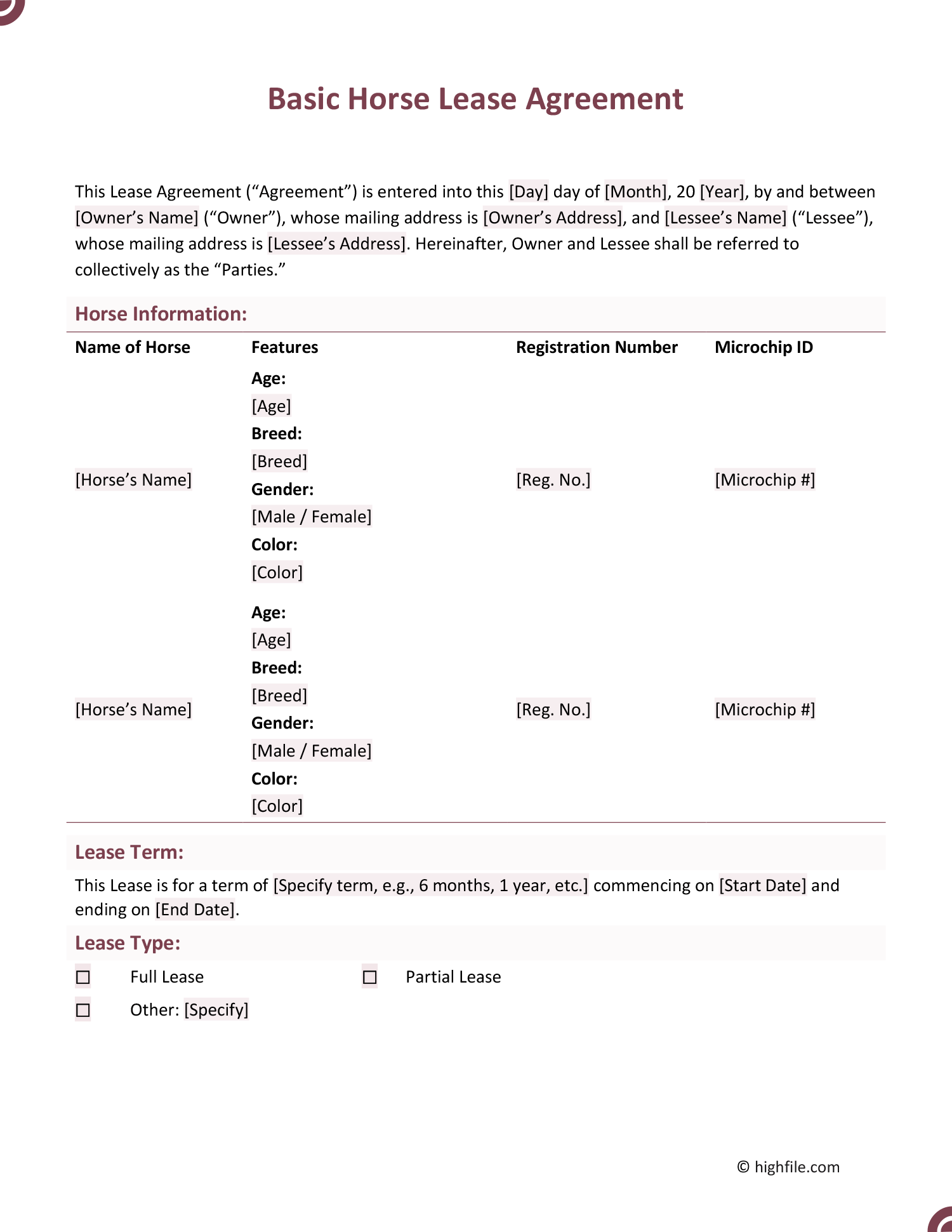 Basic Horse Lease Agreement - Word | Google Docs - Highfile basic-horse-lease-agreement-word-google-docs-highfile