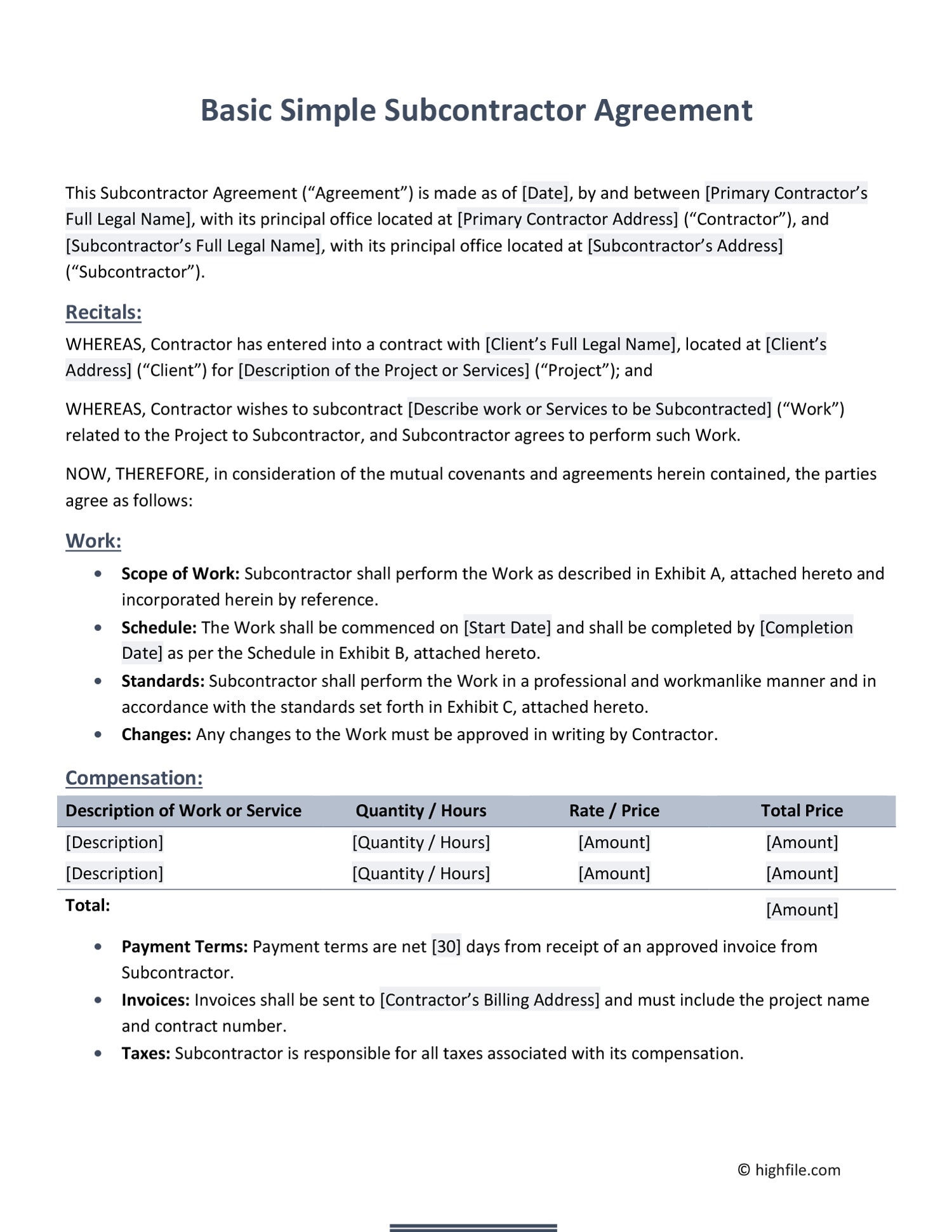 Basic Simple Subcontractor Agreement Word PDF Google Docs Highfile