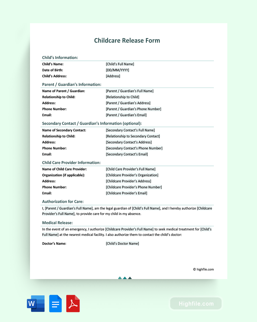 Childcare Release Form Word PDF Google Docs Highfile