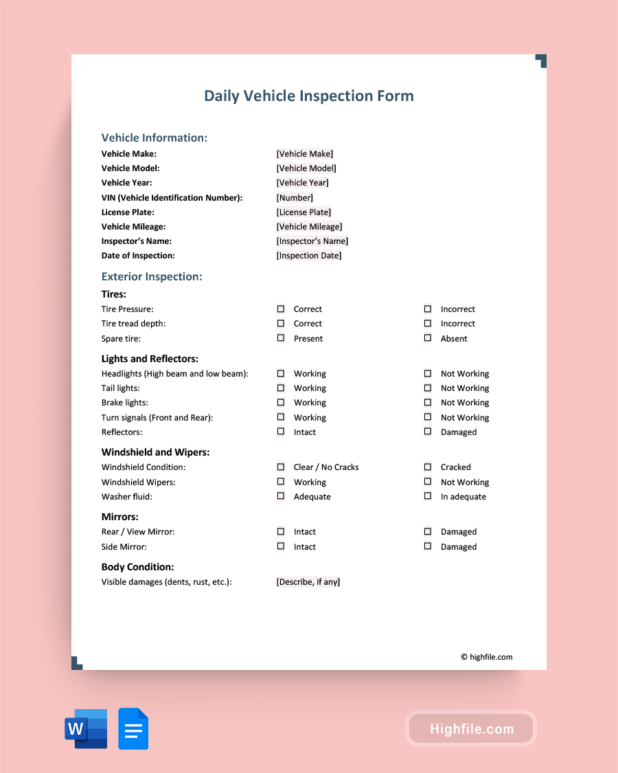Free Vehicle Inspection Forms Form Templates Highfile Free Vehicle Inspection Forms Form Templates Highfile