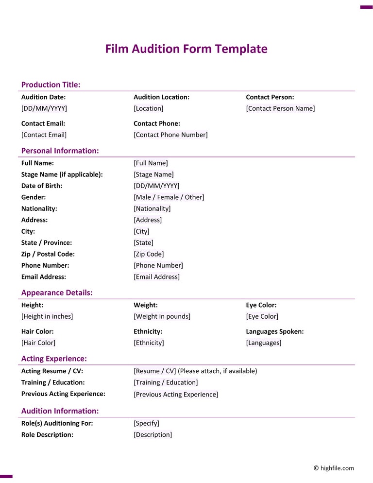 Audition Form Template Word PDF Google Docs Highfile Audition Form Template Word PDF Google Docs Highfile