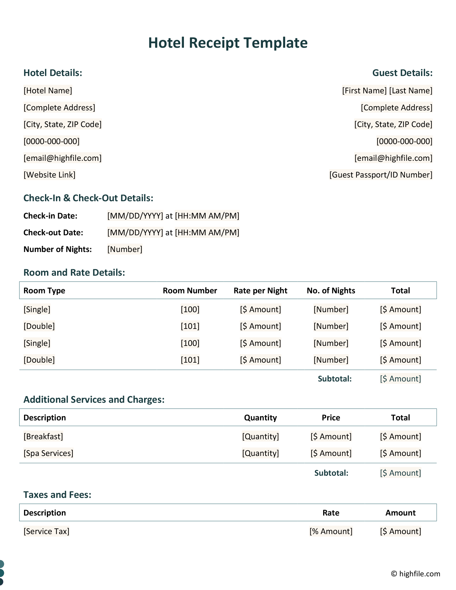 Hotel Receipt Template Word Google Docs Highfile