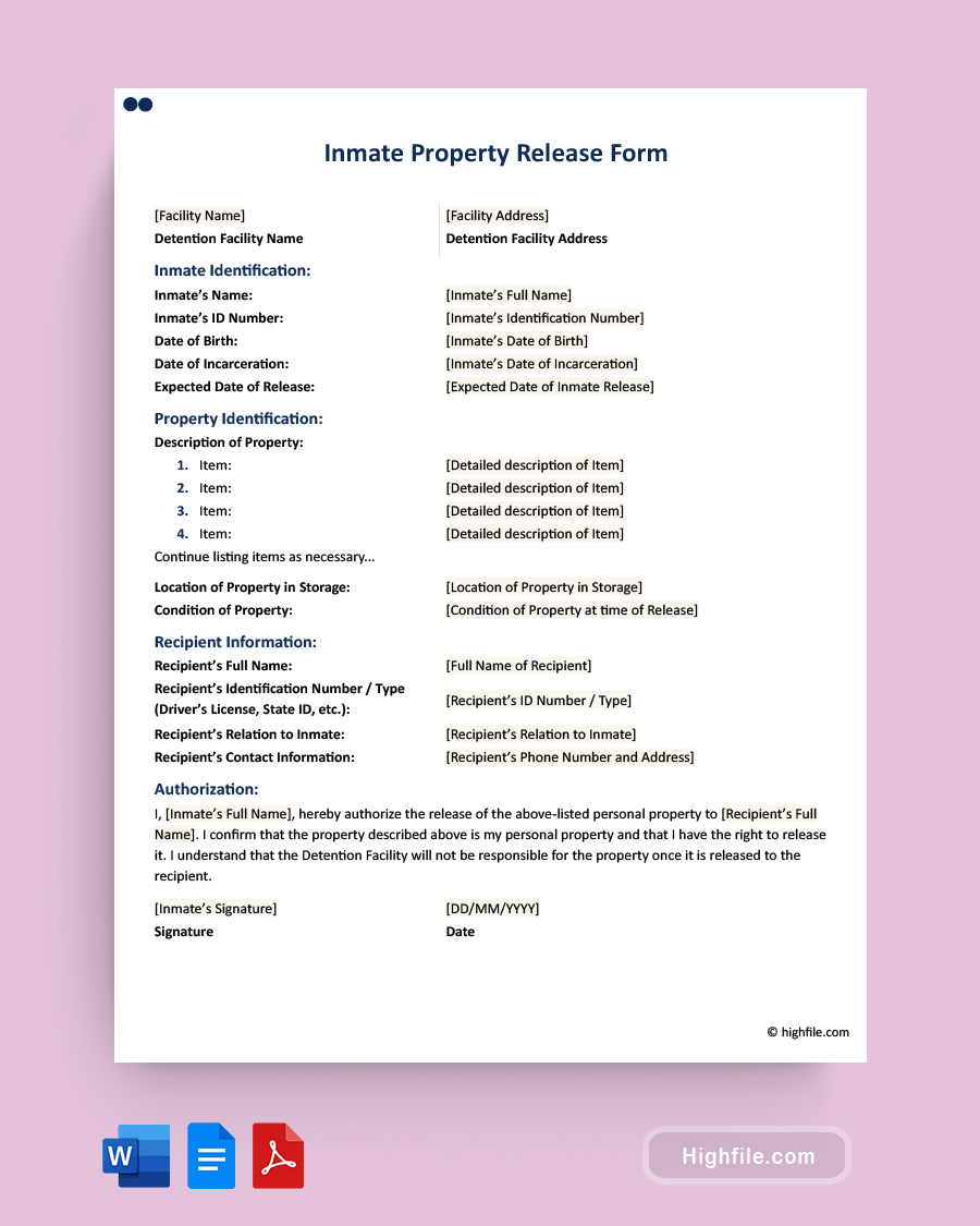 Inmate Property Release Form Word PDF Google Docs Highfile