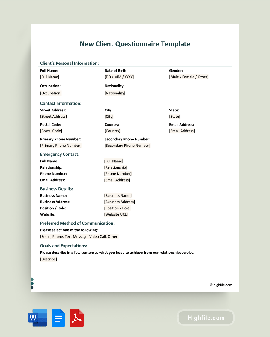 Onboarding Questionnaire Template Word PDF Google Docs Highfile