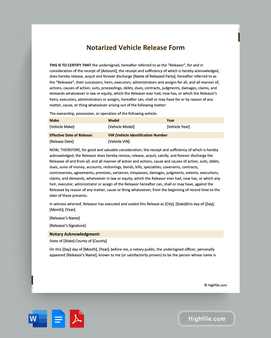 Vehicle Release Form Word PDF Google Docs Highfile Vehicle Release Form Word PDF Google Docs Highfile