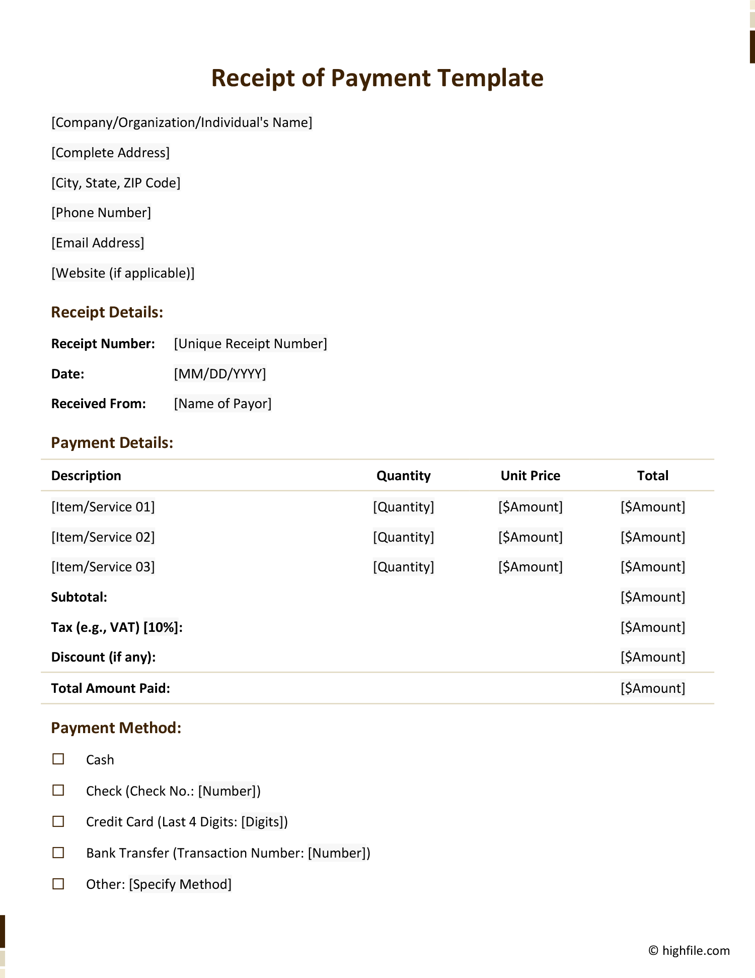 Receipt of Payment Template - Word | Google Docs - Highfile