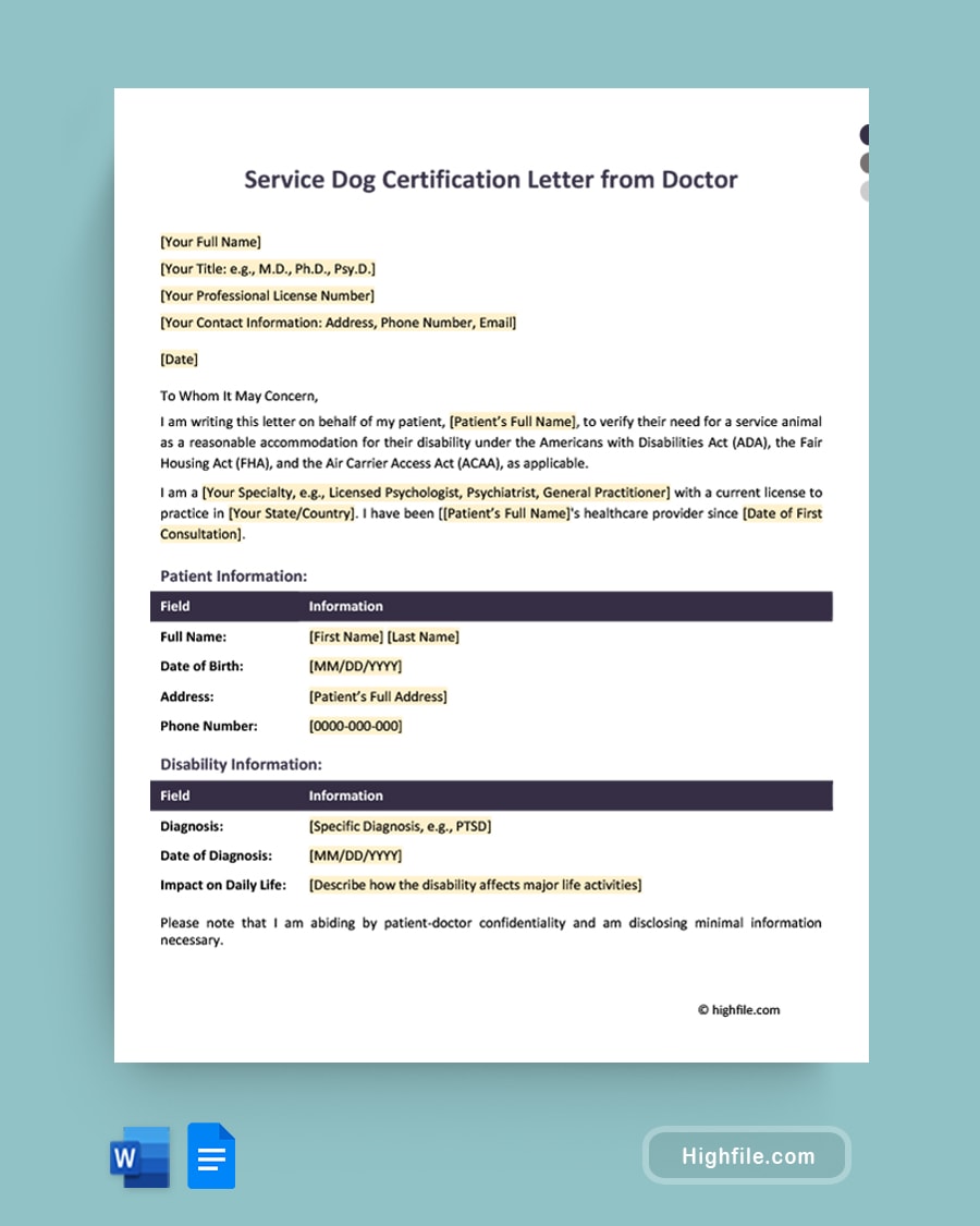 Letter of Recommendation for Service Dog Word Google Docs Highfile Letter of Recommendation for Service Dog Word Google Docs Highfile