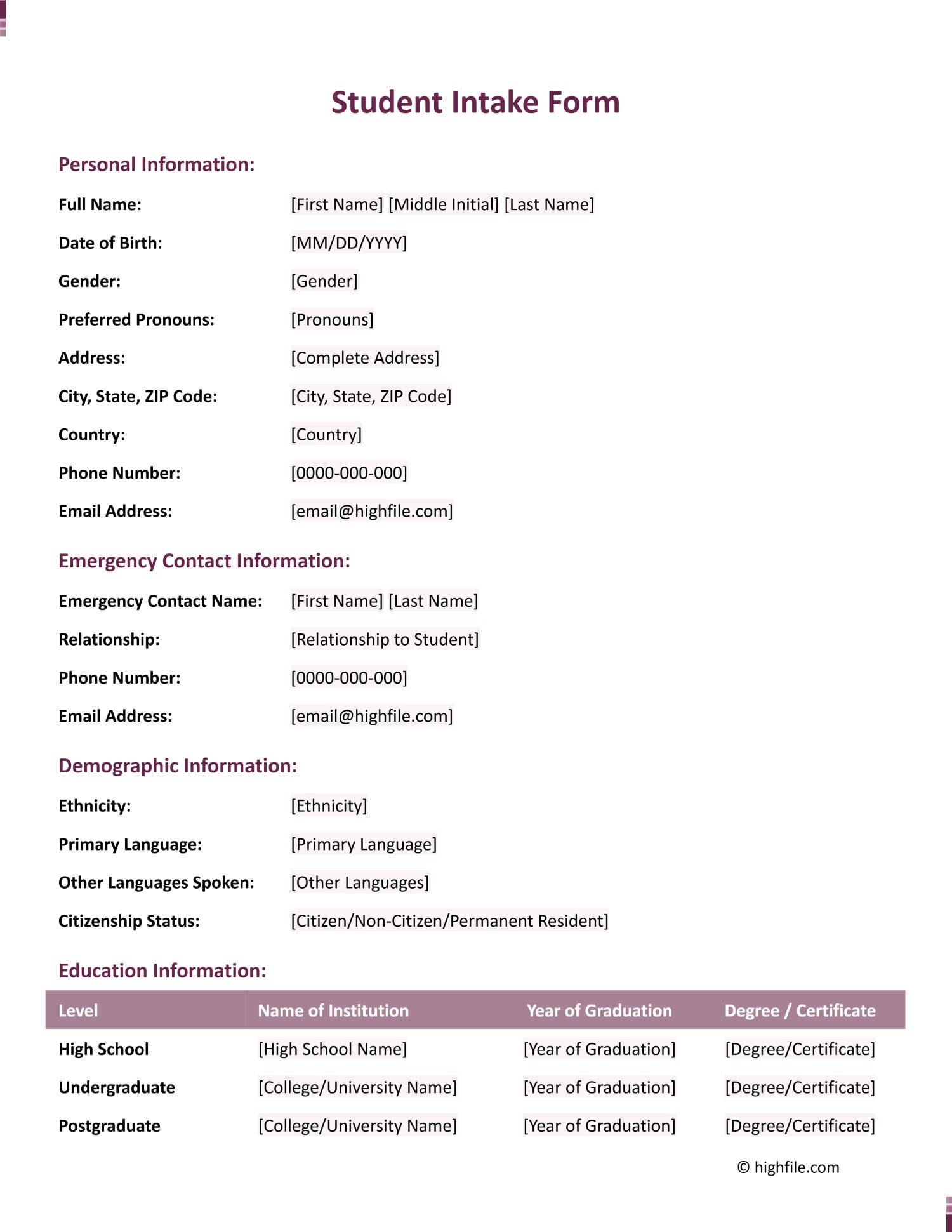 Student Intake Form Word Google Docs Highfile Student Intake Form Word Google Docs Highfile