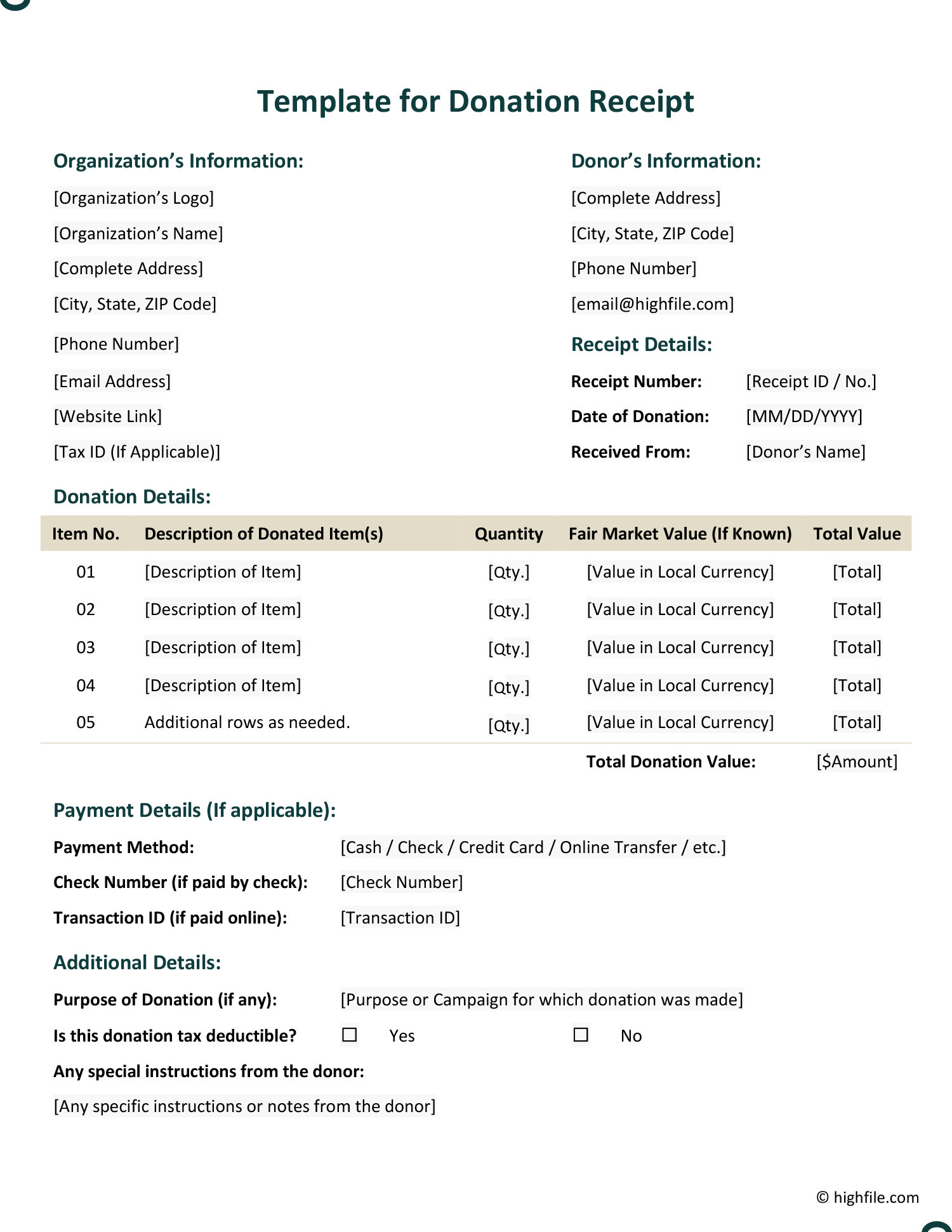Template for Donation Receipt Word Google Docs Highfile