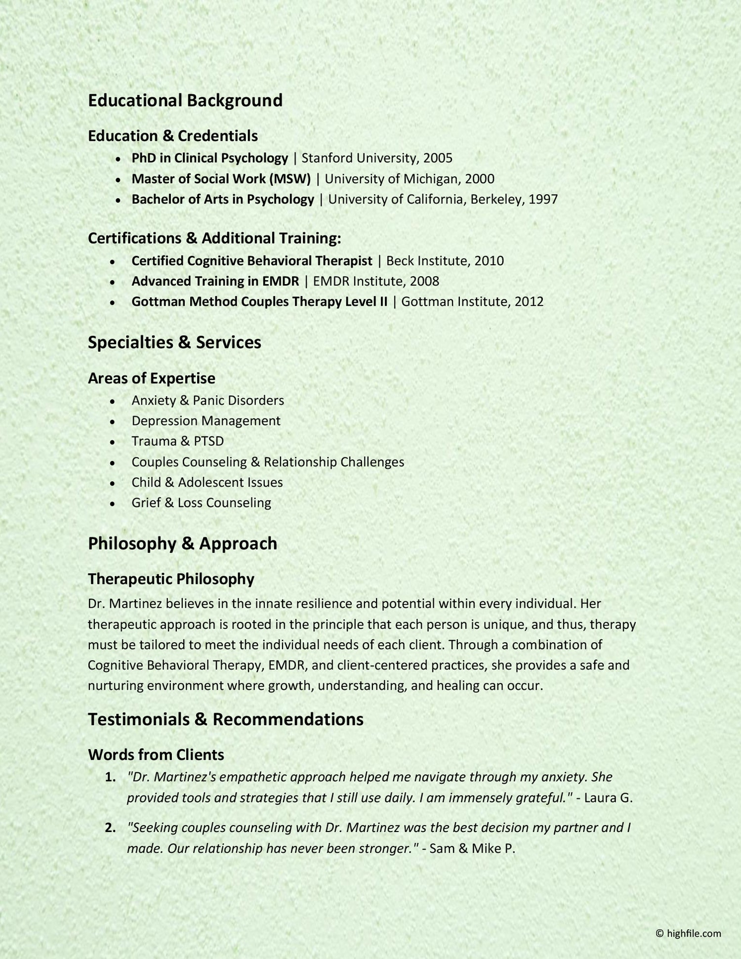 Therapist Bio Template - Word | Google Docs - Highfile