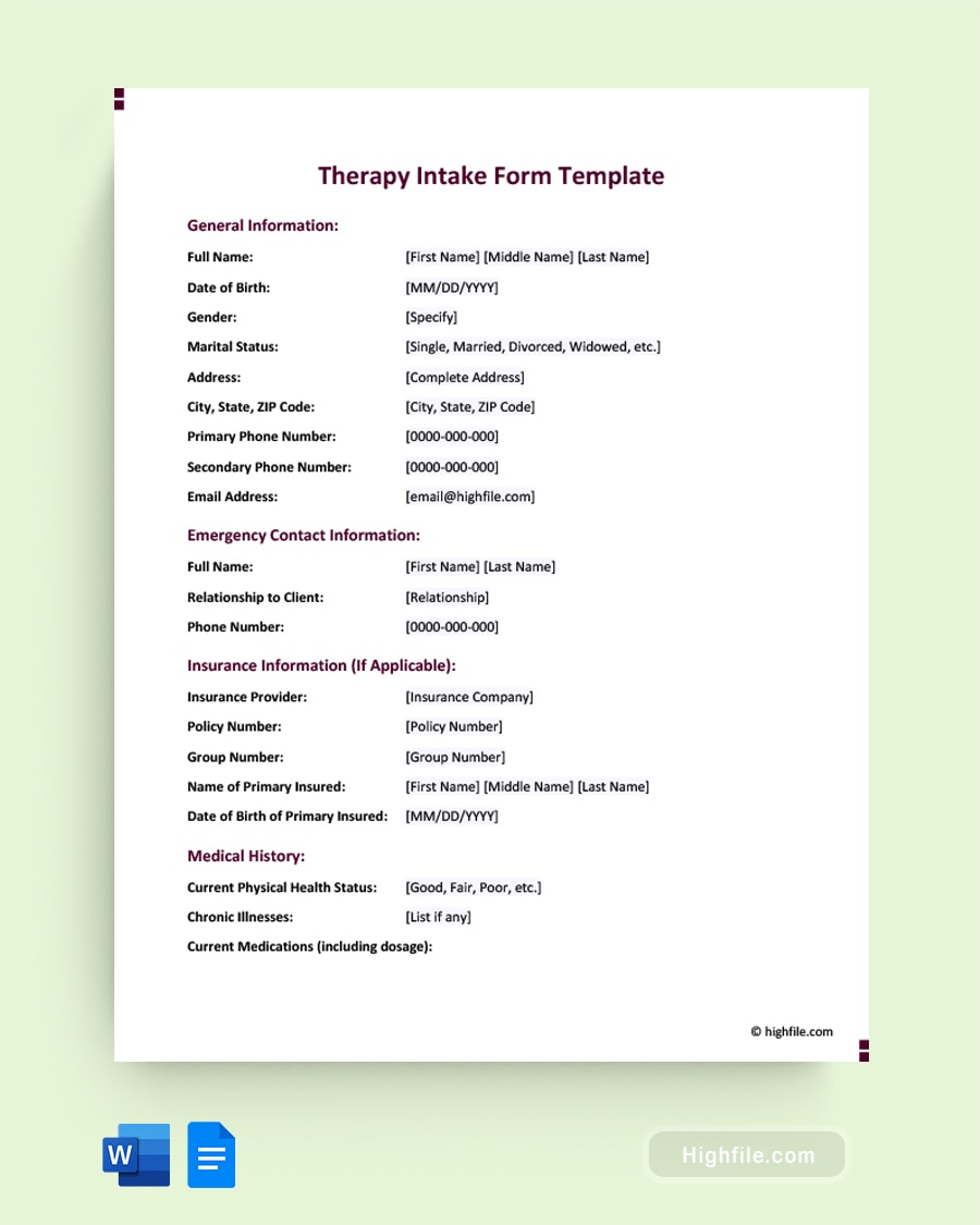 Intake Form Template - Word | PDF | Google Docs - Highfile