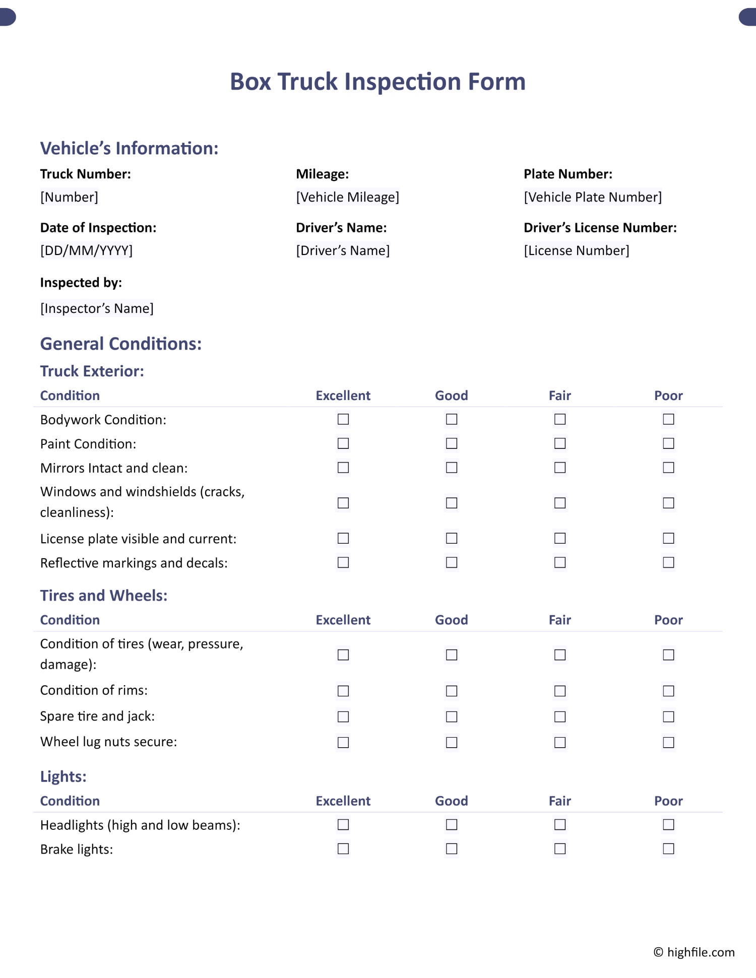 Free Vehicle Inspection Form Templates - Highfile