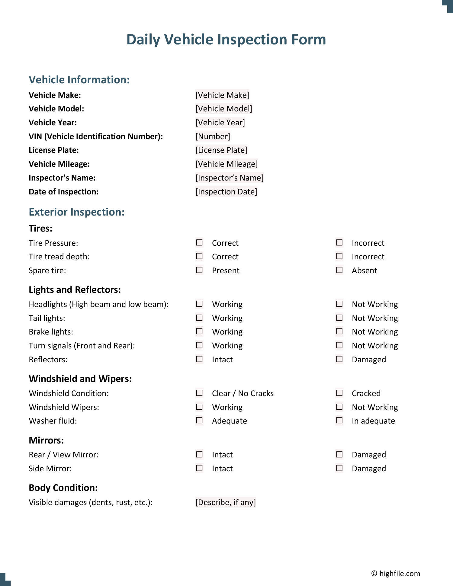 Free Vehicle Inspection Form Templates - Highfile