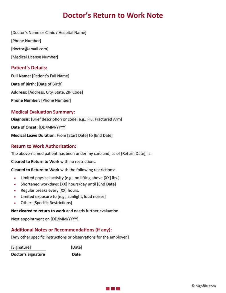 Doctor's Note Template for Missing Work - Word | Google Docs - Highfile