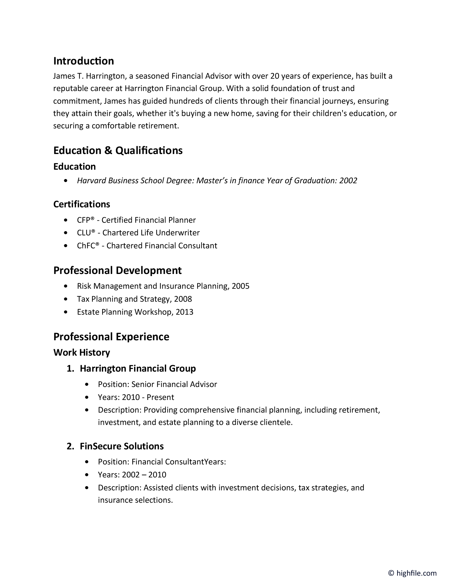 Financial Advisor Bio Template Word, Google Docs