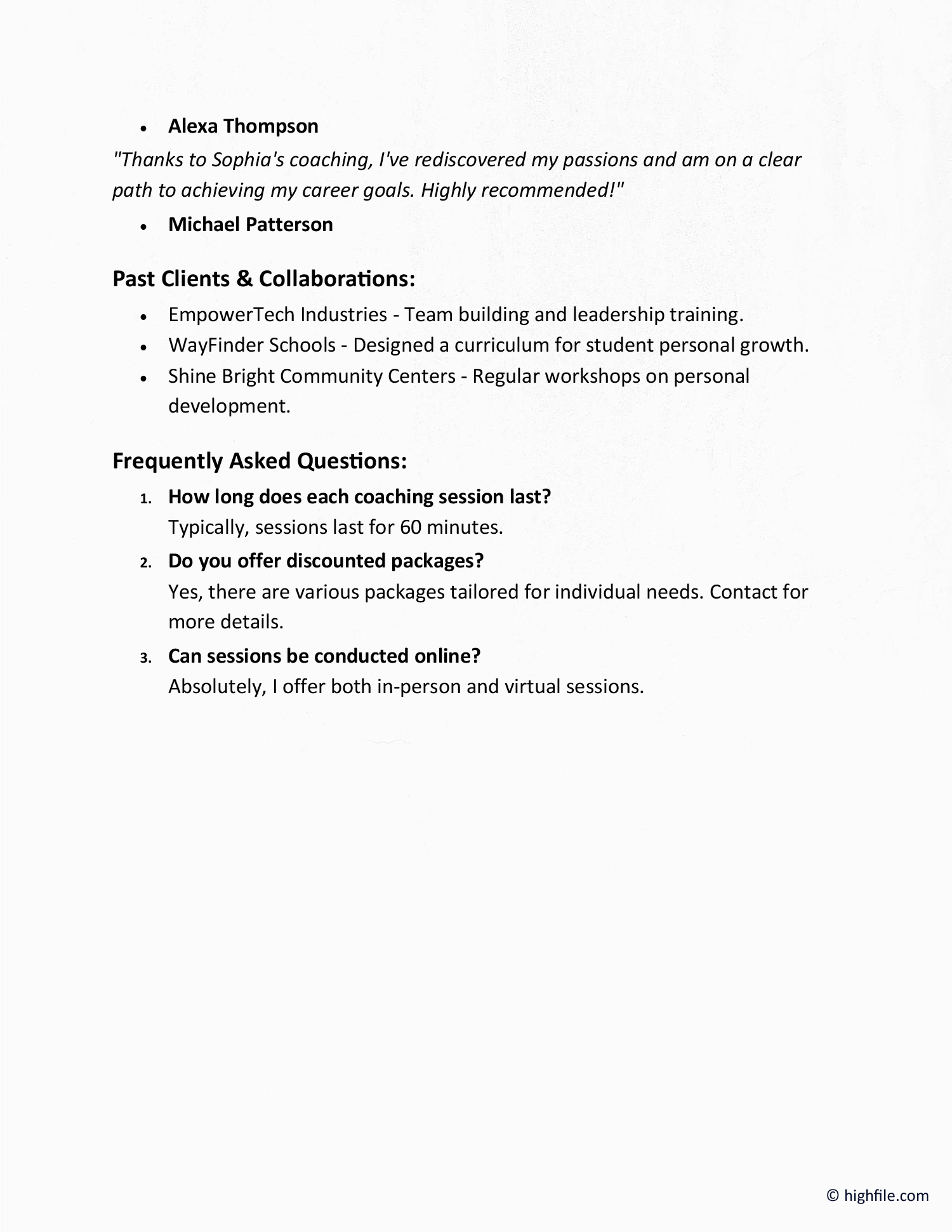 Life Coach Bio Template - Word | Google Docs - Highfile.com