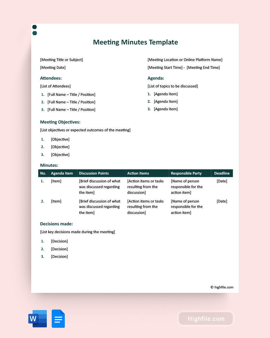 Free Editable Meeting Minutes Templates - Highfile
