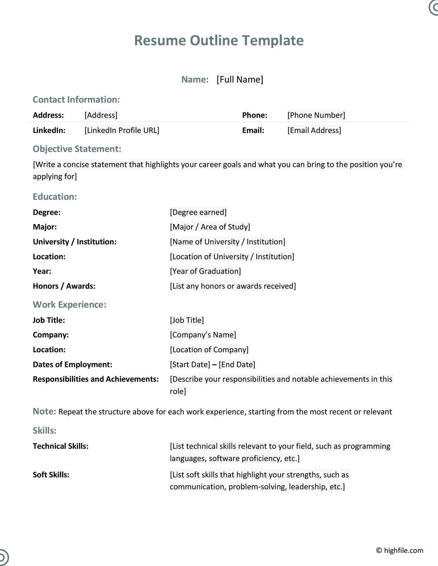 Basic Resume Outline Template - Resume Outline Template Word Google Docs 