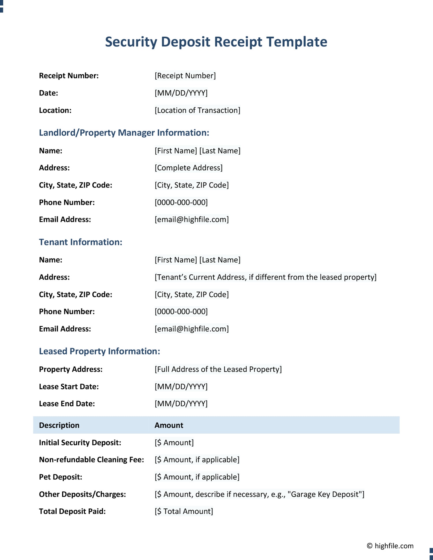 Security Deposit Receipt Template - Word | Google Docs - Highfile