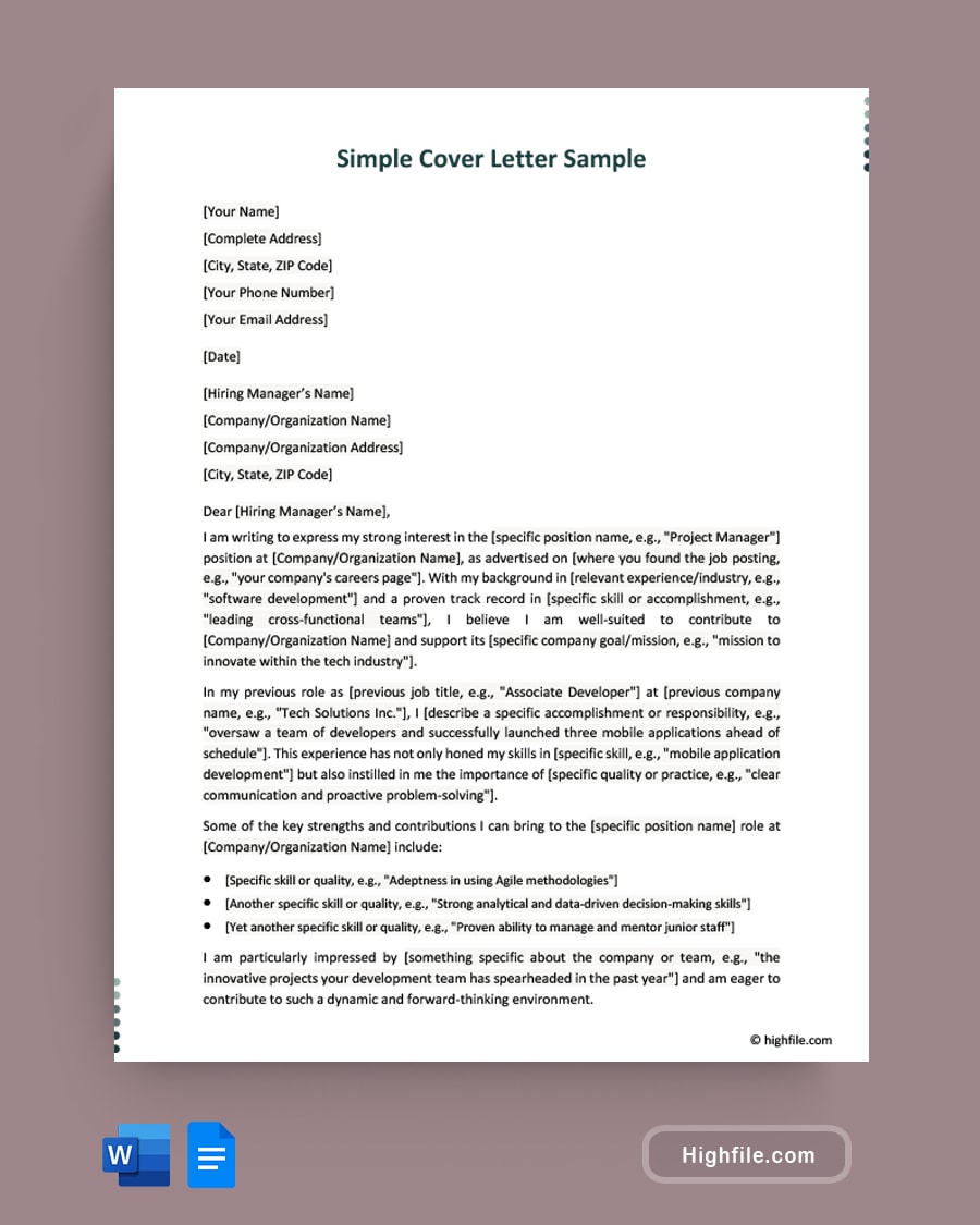 Simple Cover Letter Sample Word Google Docs Highfile